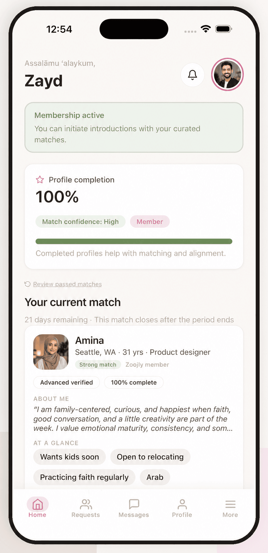A Zoojly dashboard showing a recommended match and match context