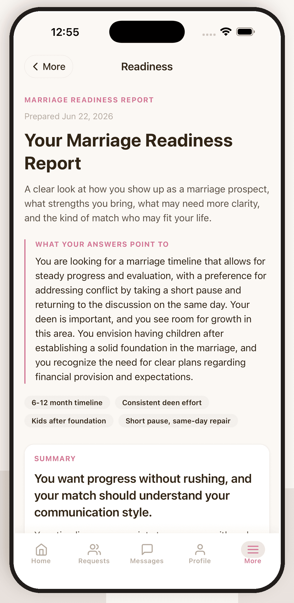 A personalized marriage readiness report in the Zoojly app