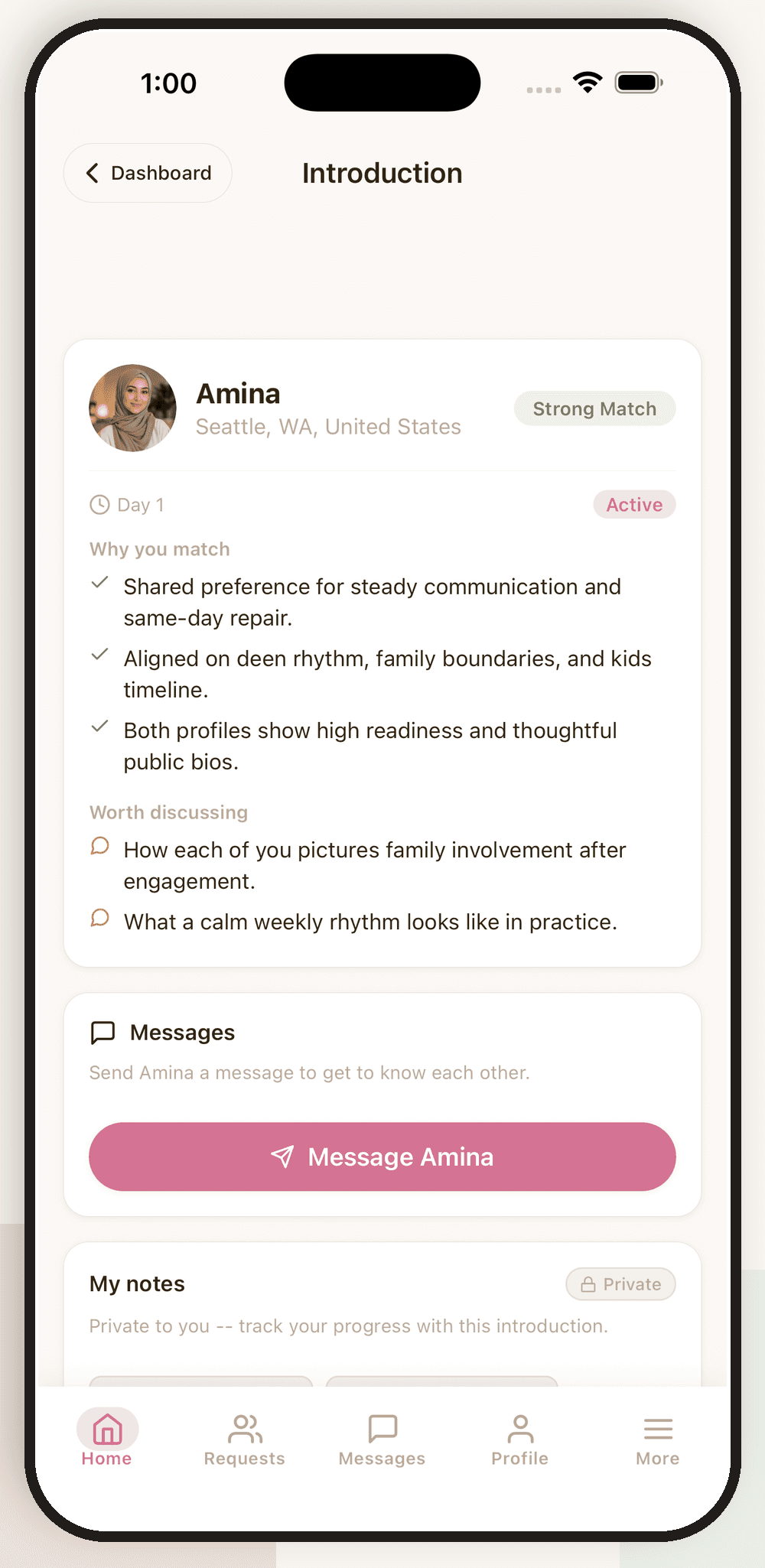 Compatibility insights for a recommended match in the Zoojly app